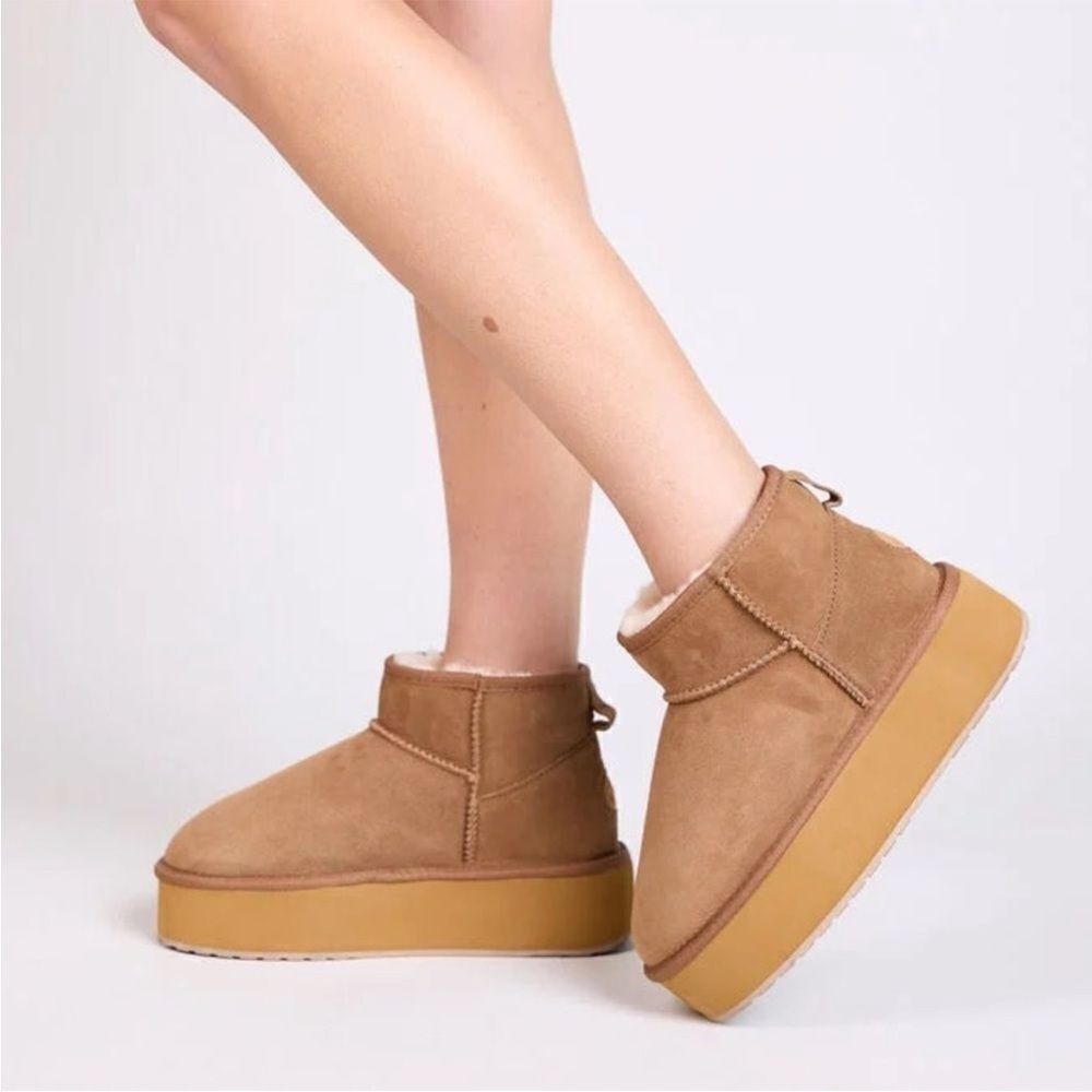 Emu Australia Stinger Micro Flatform Sheepskin Booties Slipper Boots Brown 9